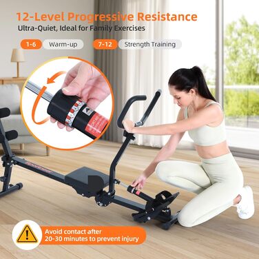 Складаний гребний тренажер Sportneer для дому, гідравлічний складний гребний тренажер з 12 рівнями опору, домашнє фітнес-обладнання, тренажер для пресу з U-подібною ручкою та спинкою, витримує до 135 кг, чорний