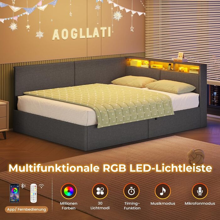 М&39яке ліжко-диван-ліжко 140x200 з USB-розетками та гідравлічним відділенням для зберігання, Ліжка 140x200 зі світлодіодним узголів&39ям та рейковою основою, Дитяче ліжко-кушетка, Двоспальне ліжко, Льняне, Темно-сірий (без матраца) 140 x 200 см Темно-сір