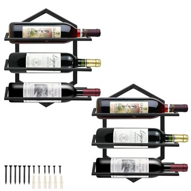 Металева настінна винна стійка, підвісний тримач для винних келихів, підставка-органайзер для 3 пляшок, винна стійка, червона винна стійка для дому, кухні, бару, декору, чорного кольору B2, 2 шт.
