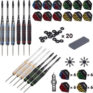 Набір професійних сталевих дротиків Turnart з металевим наконечником - 12 шт. , 24 грами, 12 алюмінієвих стрижнів з 24 деками, 20 гумових кілець, що запобігають розхитуванню, класичні