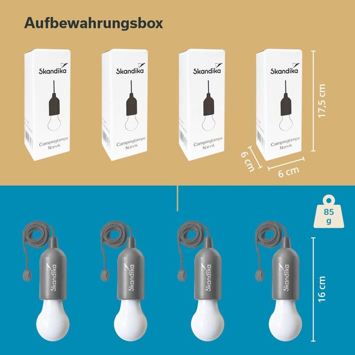 Лампа для кемпінгу Skandika Narvik Комплект із 4 шт., світлодіодна лампа, висувна, лампа на батарейках із тяговим вимикачем, підвісна, аксесуар для кемпінгу, портативна лампа для намету Для кемпінгу, фестивалів, гаража, підвалу, сірого кольору