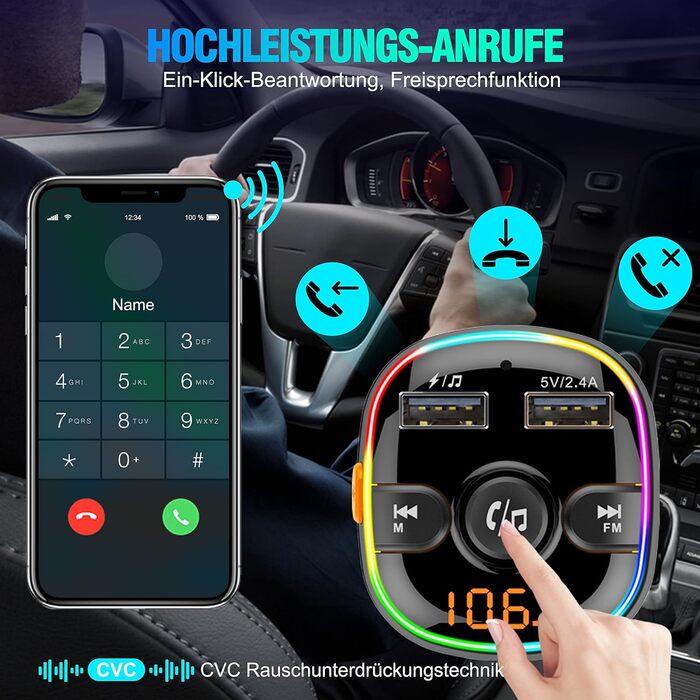 Автомобільний адаптер Bluetooth GizmoVine, FM-передавач Bloototh Handsfree для автомобільної стереосистеми, підтримка мобільного телефону в режимі гучного зв'язку, швидка зарядка, музичний MP3-плеєр, SD-карта з вимикачем світла (BC52 3 в 1-чорному)