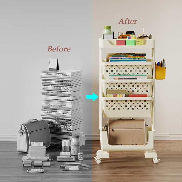 Мобільна книжкова полиця на колесах, органайзер для журналів/книг, візок для зберігання книг, 5-ярусна книжкова полиця на колесах для спальні, офісу та школи (біла)