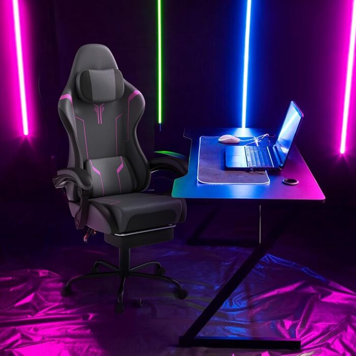 Ігрове крісло YHome, офісне крісло, регульоване по висоті, з підголівником, вібраційним масажем, поперековою подушкою, підставкою для ніг та підлокітниками, ергономічне ігрове крісло, велюрове покриття (чорнийсірийфіолетовий)