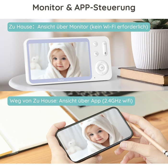 Радіоняня BOIFUN 2K із додатком камери, виявлення плачу/руху/шуму, інтелектуальне нічне бачення, автоматичне відстеження, PTZ 345/