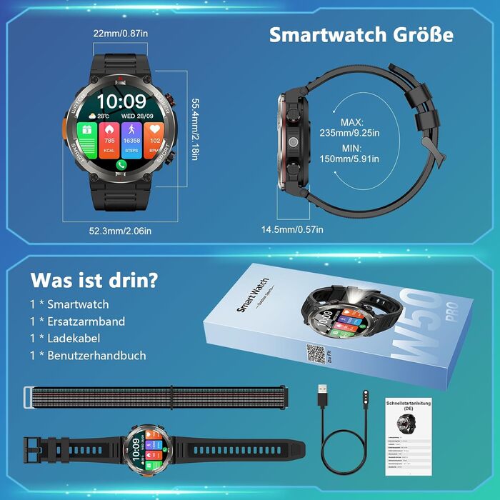 Військовий смарт-годинник для чоловіків, годинник для активного відпочинку на природі зі 100-денним часом автономної роботи/дзвінки через Bluetooth/ліхтарик/компас/пульсометр/монітор сну SpO2/100 спортивних режимів, фітнес-трекер/2 браслети/IP68, годинник