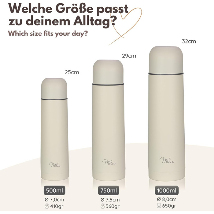 Термос Milu, ізольована пляшка, 1 л, 750 мл, 500 мл - ізольована пляшка для пиття з нержавіючої сталі, 100 герметична, з подвійною стінкою (Buttercream, 1000 мл) 1000 мл Buttercream