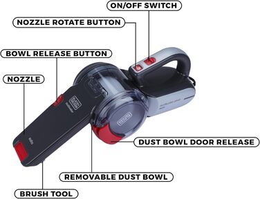 Ручний автомобільний пилосос для автомобільної розетки 12В Dustbuster Pivot PV1200AV з насадкою-щіткою, щілинною насадкою, гнучким