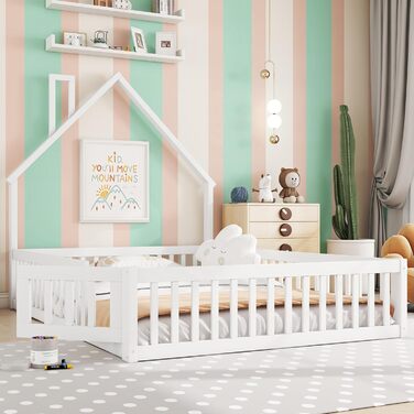 Дитяче підлогове ліжко, двоспальне ліжко 140x200 см з поручнями, рейковою основою та формою димоходу ліжко Монтессорі, ліжечко, домашнє ліжко, дерев&39яне ліжко, каркас ліжка, дитяче ліжко, соснове дерево, без матраца, біле.