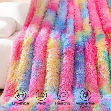 Пухнастий плед KANKAEU, надзвичайно м&39який та двосторонній райдужний плед 160x200 см, для дивана, ліжка та як декоративний плед, можна прати в пральній машині, ідеальний подарунок на зиму та Різдво, райдужний 160 200 см