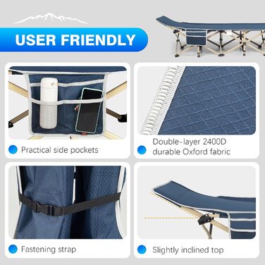 Розкладне похідне ліжко Overmont - Кемпінгове ліжко 190 x 71 x 36 см - Вантажопідйомність до 250 кг - Тканина Оксфорд 2400D з бічною кишенею та сумкою для перенесення для кемпінгу, саду, офісу, синього кольору, з матрацом ()