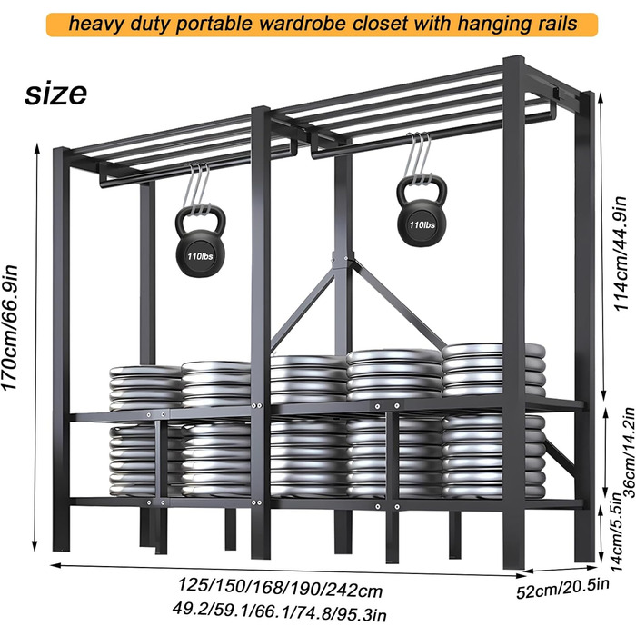 Складана шафа, 500 кг, тканинна шафа великої місткості 242 см з 2 рейками для вішалок, переносна тканинна шафа з чохлом для спальні (сірі двері D, 85 см) D Сірі двері 85 см