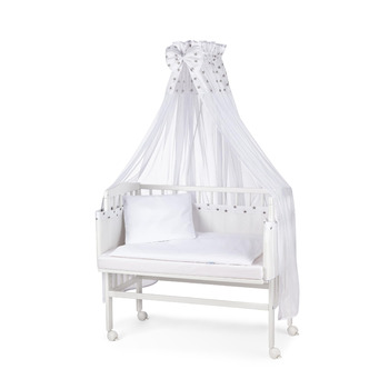 Дитяче ліжечко Waldin з матрацом та тканиною, регульована висота, велика спальна зона 90x55 см, біле лаковане, колір зірки/сіре дерево