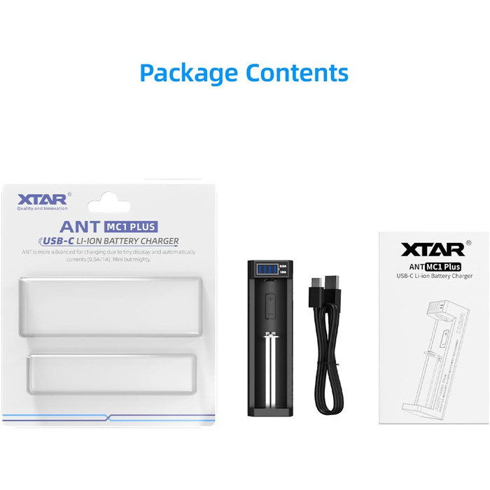Зарядний пристрій XTAR MC1 Plus USB-C для літій-іонних акумуляторів 18650, 21700, 26650, 14500, 18350 - розумний зарядний пристрій 0,5A/1A з РК-дисплеєм, активацією 0V, відновленням після перерозряду, швидкою зарядкою через USB-C