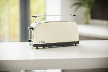 Тостер Russell Hobbs довгий слот для 2 скибочок / 1 широка скибочка хліба Кольори Крем з нержавіючої сталі (надзвичайно широкі отвори для тостів, включаючи насадку для булочки, 6 рівнів підрум'янювання функція розморожування, 1000 Вт)21395-56