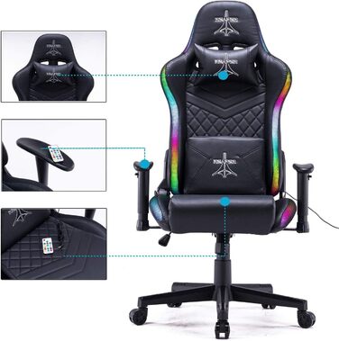Професійне ігрове крісло Reaper з інтегрованою технологією RGB LED, регульованою спинкою, різнокольоровими світлодіодними профілями з широким вибором кольорів (чорне)