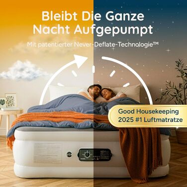 Надувний матрац Huddle Never Deflate Luxury King, переможець премії Good Housekeeping 2025 Air Mattress Award, технологія SlumberGuard з подвійним насосом, регульована жорсткість, вбудований насос та нічник з USB-портом