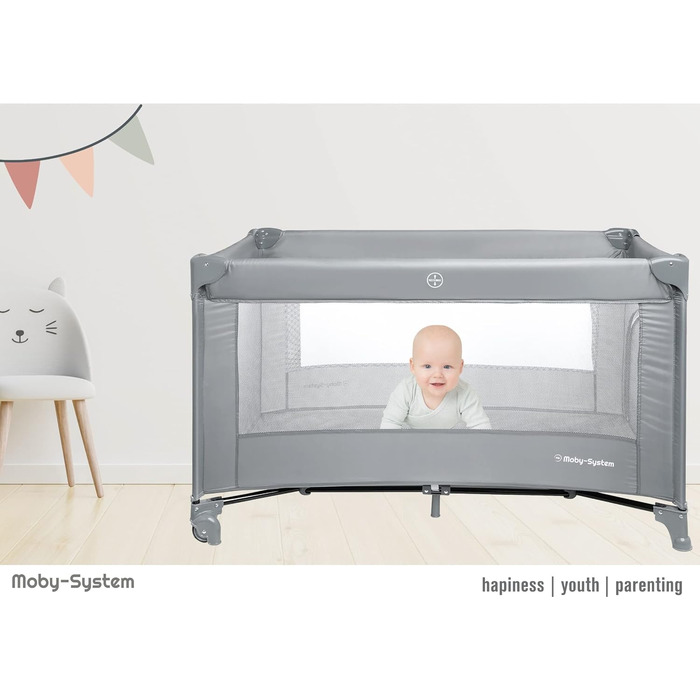 Дитяче ліжечко Moby-System 128x68 см Складане дитяче ліжечко з матрацом та сумкою для перенесення Манеж з боковим виходом для дітей вагою до 15 кг Сірий базовий
