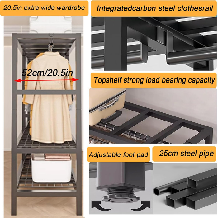 Складана шафа, 500 кг, тканинна шафа великої місткості 242 см з 2 рейками для вішалок, переносна тканинна шафа з чохлом для спальні (сірі двері D, 85 см) D Сірі двері 85 см