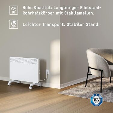 Електричний конвектор STIEBEL ELTRON для приміщень до 25 м, 2 кВт, з електронним керуванням, LC-дисплеєм та роликами, сертифікований TV, енергоощадний (204451)