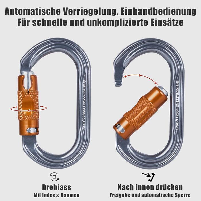 Карабіни для скелелазіння, карабіни з алюмінієвого сплаву для гамаків, гойдалок, кемпінгу, риболовлі, туристичного спорядження, 27KN - 4 шт. у упаковці