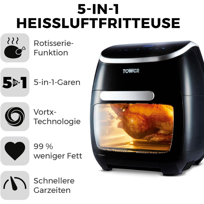 Цифрова фритюрниця Tower T17039 Xpress Pro 5-в-1 зі швидкою циркуляцією повітря, таймером на 60 хвилин - фритюрниця XXL 11L - 2000 Вт - чорний цифровий 5-в-1