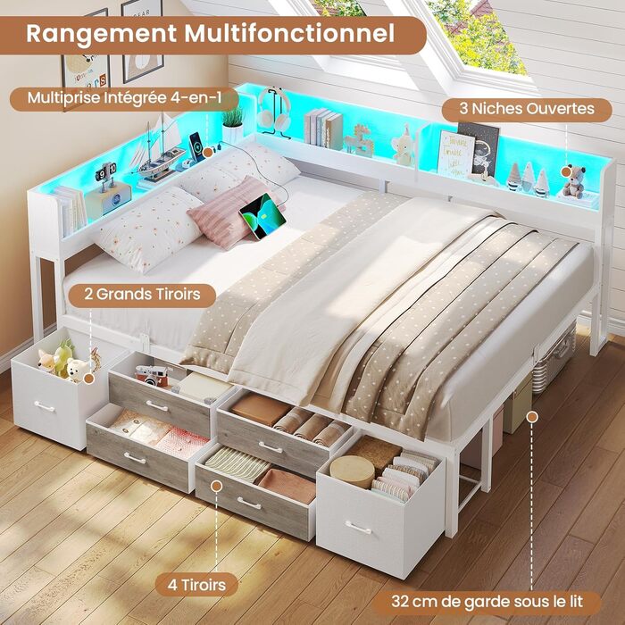 Ліжко AOGLLATI 140x200 з місцем для зберігання, диван-ліжко з вбудованою книжковою полицею та 6 шухлядами, дитяче ліжко зі світлодіодним освітленням та зарядною станцією, гостьове ліжко, кушетка, каркас ліжка з рейковою основою (білий, 140x200 см) 140x200