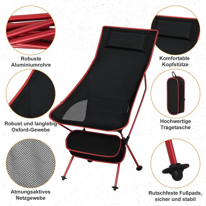 Складаний кемпінговий стілець eSituro, легкий складний стілець, рибальський стілець з сумкою для перенесення, складний стілець з високою спинкою, відкритий пляжний кемпінговий стілець, для риболовлі, пікніків, походів, 1 чорний червоний