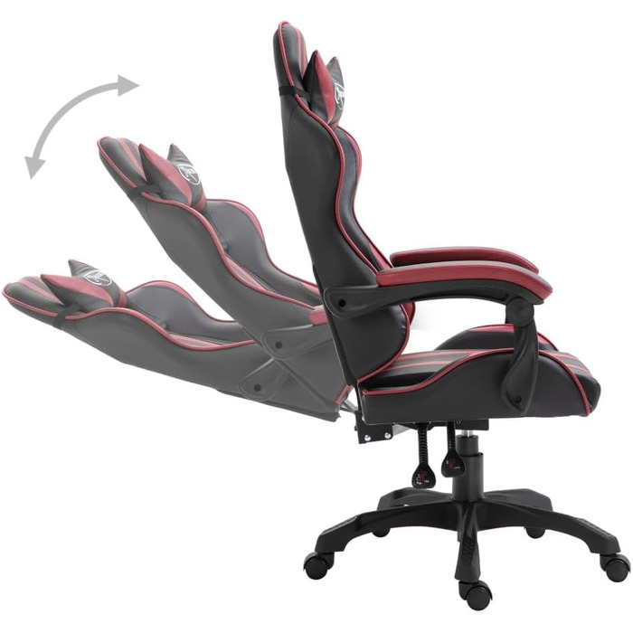 Геймерське крісло з бордової штучної шкіри з високою ергономічною спинкою, регулюванням висоти та поворотом на 360 градусів для оптимального положення сидіння, включаючи 5 нейлонових коліщаток для тихого руху. 30 x 18 x 5 см.