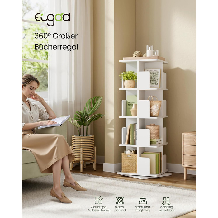 Обертова книжкова полиця EUGAD, кімнатна перегородка, полиця на місці, обертова полиця, офісна полиця, декоративна полиця, вільно обертається на 360 з 4 полицями для спальні, офісу, МДФ, білий, 39,5 x 128 x 39,5 см, 4 полиці (39,5 Ш x 128 В x 39,5 Г см), 