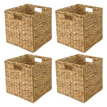 Кошики для зберігання Kallax з 4 предметів, вкладиші з водяного гіацинта для полиць, складні коробки Kallax, плетений кошик для зберігання, кошик для білизни для полиць, плетені контейнери для ванної кімнати (30 см * 30 см * 30 см), комплект з 4 предметів