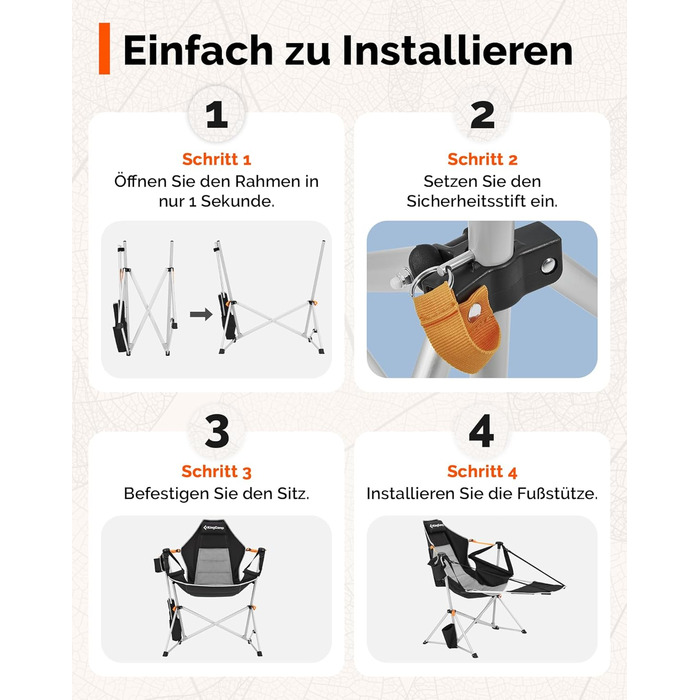 Легке крісло-гойдалка для кемпінгу KingCamp, складне крісло-гойдалка для кемпінгу з 3 регульованими спинками, розкладне вуличне крісло-гойдалка з тримачем для напоїв, підвісне крісло-гойдалка для використання в приміщенні, вітальня, сад, патіо, чорне з пі