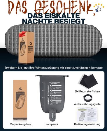 Килимок для сну HIKENTURE 6.2 R-value, надлегкий, товщина 8 см, надувний килимок для сну, кемпінговий повітряний матрац, невеликий розмір у упаковці, 4 сезони, килимок для сну для кемпінгу, відпочинку на природі, походів, сірий 198 см