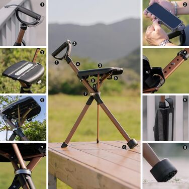 Стілець Ta-Da серії 2 PRO MAX - Тростина з сидінням, легка алюмінієва рама та міцний складний стілець (до 182 кг), складна конструкція, ідеально підходить для походів та активного відпочинку, регульована висота