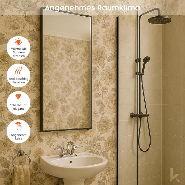 Інфрачервоний обігрівач для дзеркала Knighaus - 600 Вт з термостатом - Енергозберігаючий обігрівач дзеркала та 5-річна гарантія - Інфрачервоний настінний обігрівач з чорною рамкою - Нагрівається за 2 хвилини 600 Вт Колір рами Чорний