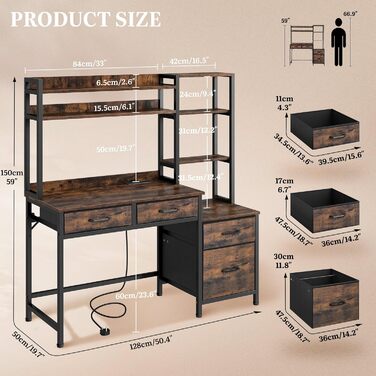 Комп&39ютерний стіл YITAHOME з шухлядами, кутовий комп&39ютерний стіл для домашнього офісу з місцем для зберігання та полицями, ігровий стіл-робоча станція зі світлодіодним освітленням та розетками, кутовий стіл, вінтажний коричневий