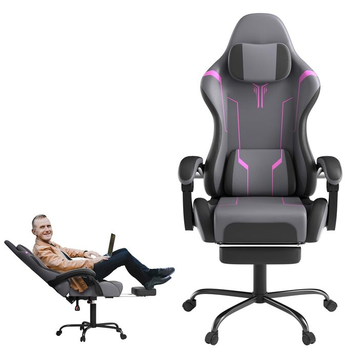 Ігрове крісло з масажем, ергономічне ігрове крісло з телескопічною підставкою для ніг, підголівником та масажною подушкою для попереку, регульована спинка 90-135 (сірий, чорний та фіолетовий)