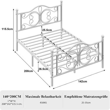 Ліжко 140x200 з узголів&39ям та узніжжям у формі метеликів/основа матраца/місце для зберігання речей під ліжком/рейковий каркас не потрібен/легке складання/тиха робота/білий 140 x 200 см