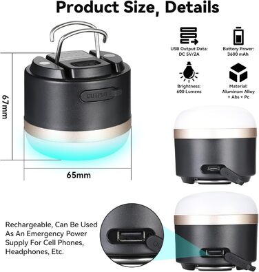 Світлодіодний кемпінговий ліхтар Romon, акумулятор 3600 мАг, кемпінговий ліхтар зі зміною кольору RGB з акумулятором USB-C, плавне регулювання яскравості, акумуляторний кемпінговий ліхтар для відключення електроенергії, походів, кемпінгу, надзвичайних сит