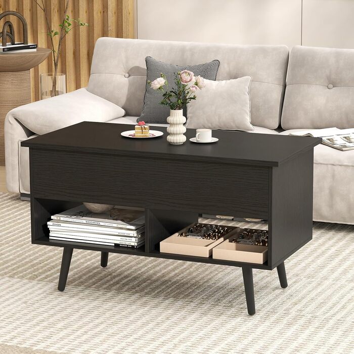 Журнальний столик COSTWAY з регульованою висотою, диван-столик з підйомною стільницею та 2 відкритими полицями, розсувний дерев&39яний журнальний столик для вітальні, офісу, 80 x 40 x 46-60 см (чорний)