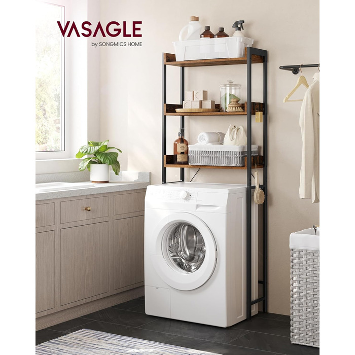 Полиця для унітазу, 3 яруси, полиця для ванної кімнати, компактна, легко збирається, для пральні, індустріальний стиль, сільський коричневий та чорний, BTS002B01 Рустикальний коричневий чорний