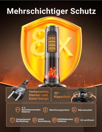 Енергозберігаючий керамічний електричний обігрівач потужністю 2000 Вт з дистанційним керуванням, ефектом димоходу, термостатом, коливаннями 70, режимом ECO, 3 режимами, таймером 1-8 годин, захистом від перегріву та перекидання, тихою роботою для офісу та 