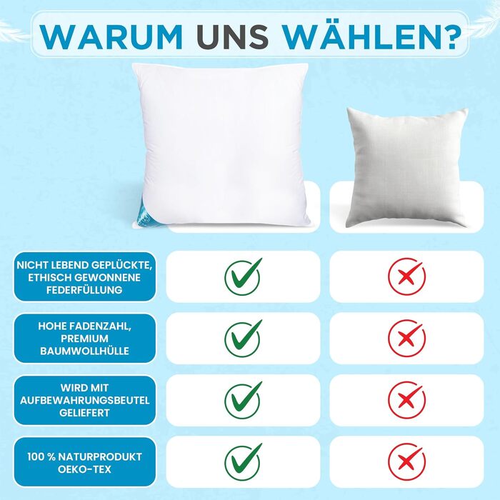 Подушки 80x80 см, комплект з 2 шт. Пухові подушки 80 x 80 см зі 100 натуральним пір&39яним наповнювачем, комплект пір&39яних подушок 80x80 см з гусячим пір&39ям у бавовняному чохлі, сертифіковані Oeko-Tex (2000) 2000 грамів