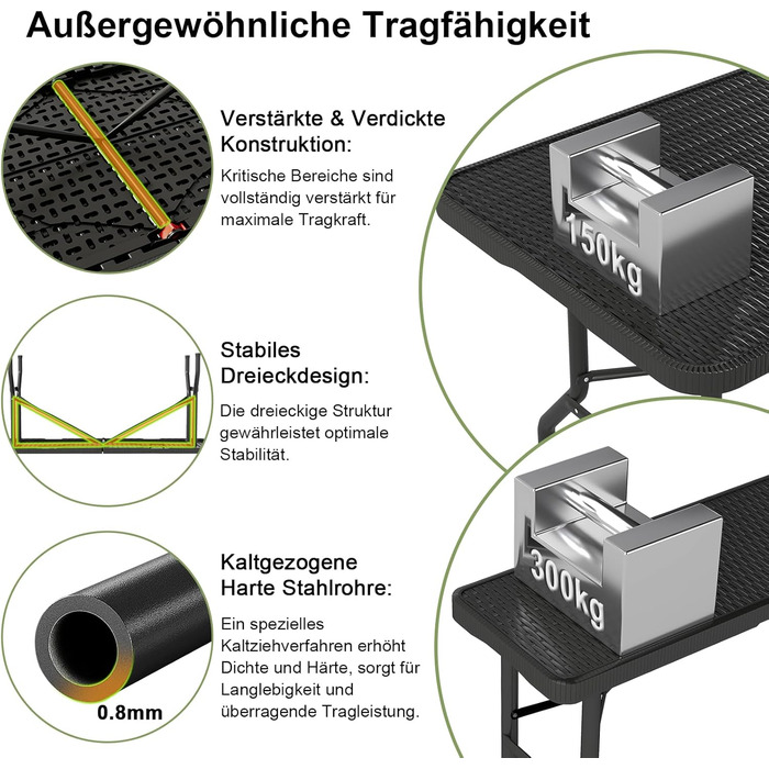 Набір для пивного саду, 3 предмети, 1 пивний стіл 2 пивні лавки, складаний набір для пивного саду з ручками для перенесення, комплект пивних столів 180 см з ротанговим ефектом, водонепроникний, чорний. 1 пивний стіл 2 пивні лавки, чорний.