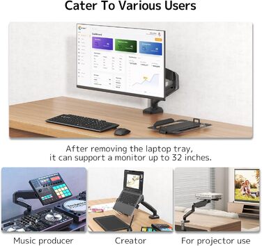 Універсальний тримач для ноутбука та монітора 2-в-1, для ноутбуків 11.6-17.3 та моніторів 17-32, навантаження до 9 кг, VESA 75/100 мм, кріплення на стіл (затискач та отвори)