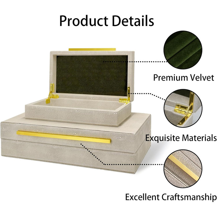 Сучасна декоративна скринька зі штучної шкіри, декоративні скриньки для зберігання з кришками для дому, велика багатофункціональна скринька для зберігання ювелірних виробів, органайзер (білий) кольору слонової кістки, 2 шт. 2PSC