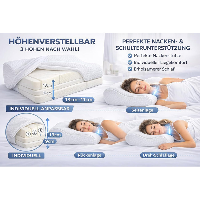 Подушка для шиї BCS Home&Sleep, ортопедична подушка, регульована по висоті 50x30 см, від болю та напруги в шиї, чохол з тенселу, який можна прати та дихає