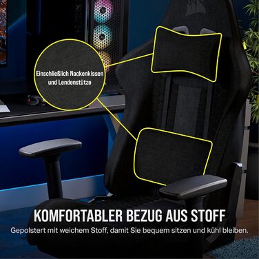 Ігрове крісло Corsair TC100 Relaxed Тканина Дизайн у стилі гонок Поперекова підтримка Знімна подушка для шиї з піни з ефектом пам&39яті Регульовані підлокітники Чорний колір, легована сталь, чорний колір