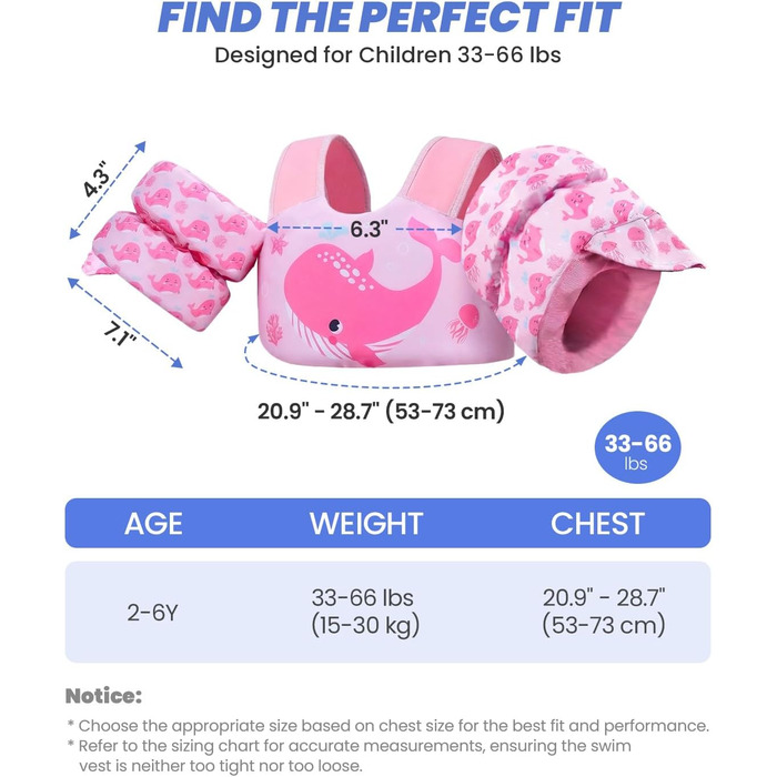 Дитячий плавальний жилет Gogokids з крильцями для плавання для дітей віком 15-30 кг, сертифікований засіб для плавання EN 13138-1 для дітей віком 2-6 років, плавальна локшина для малюків з крильцями для басейну, пляжу та плавання, світло-рожевий