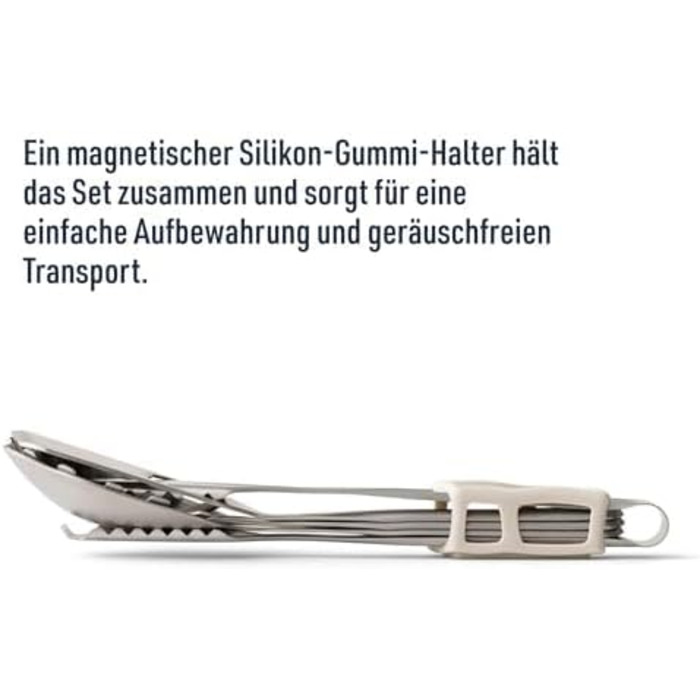Набір столових приборів Detour з нержавіючої сталі - 1 особа, 3 предмети - ніж для кемпінгу виделка ложка та магнітний силіконовий тримач - без BPA - високоякісні столові прибори для кемпінгу з нержавіючої сталі - 135 г